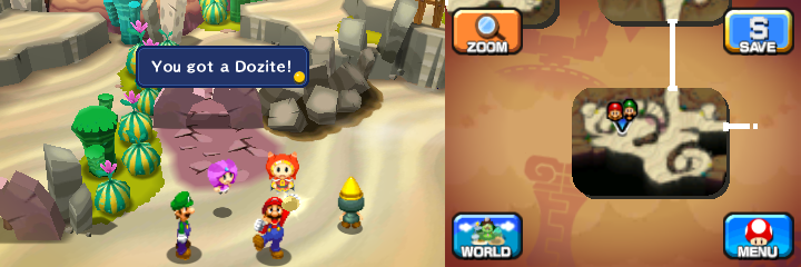 Mario getting the Dozite from a Deco Pi'illo in Dozing Sands of Mario & Luigi: Dream Team.