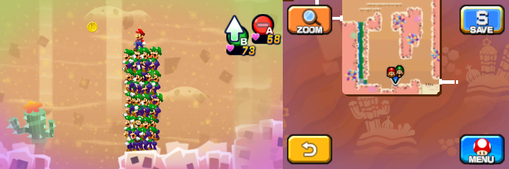 Mario and Luiginoids (in the shape of a stack) near 3 Coins (with only one visible in Dreamy Dozing Sands accessed by Dreampoint housing the Dream Stone's spirit of Mario & Luigi: Dream Team.