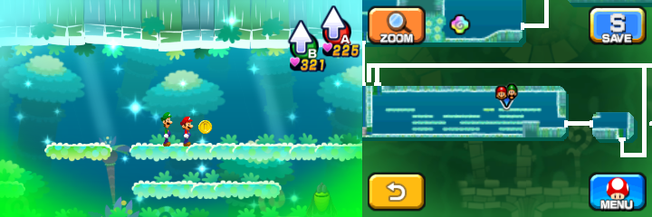 Mario and Luigi near a Coin in Dreamy Somnom Woods accessed by the Dreampoint of Mario & Luigi: Dream Team.