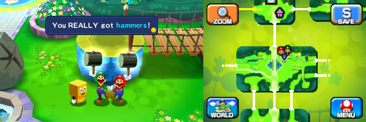 Mario and Luigi getting 2 Hammers from a Brock worker in Mushrise Park of Mario & Luigi: Dream Team.
