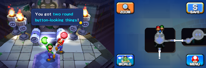 Mario and Luigi picking up Mush and Starter Badges in Pi'illo Castle of Mario & Luigi: Dream Team.