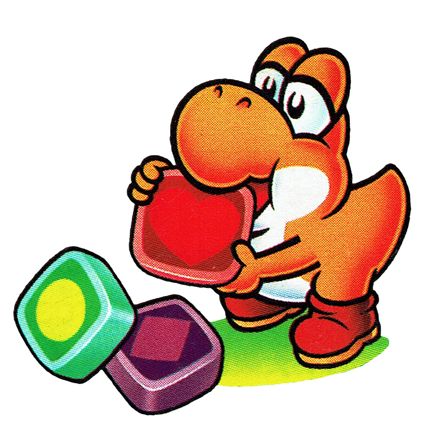 Little Yoshi eating a panel from Tetris Attack.