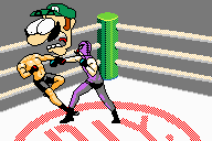 Minor visual error in the Dead Ringer microgame in WarioWare: D.I.Y., where the player character's head sprite lags behind the body for one frame. A user-made head sprite is shown in this screenshot.