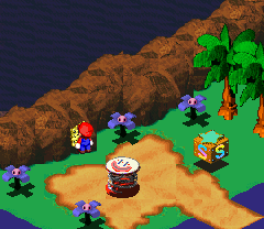 Mario taking Coins at the end of Midas River of Super Mario RPG: Legend of the Seven Stars after taking a secret route from Moleville.