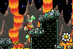 Flower 2: In a lava pit, Yoshi must climb the platform and wait for the right time to jump, collecting the flower and landing on top of Poochy.