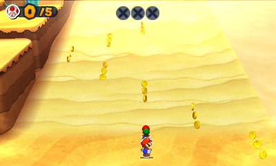Group near a start of the line of the 99 Coins in the Quicksand Rescue mission's Normal Mode of Mario & Luigi: Paper Jam.