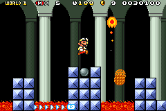 Gameplay of World 1-Fortress in Super Mario Advance 4: Super Mario Bros. 3, showing among other things Fire Mario, a Roto-Disc, and a Podoboo.