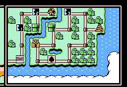 The Sky Land map in its default state in Super Mario Bros. 3. The odd tiles to the left are loaded, but are not visible on most screens due to that being the surplus area to allow for smooth horizontal scrolling. Due to the unique tiles on this map (the tower) sharing VRAM space with artillery animations, this map is not animated in-game