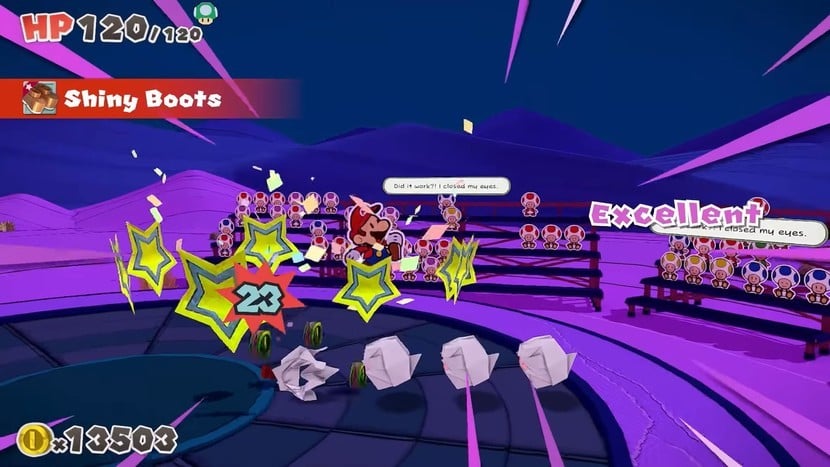 Mario stomping on some origami Boos
