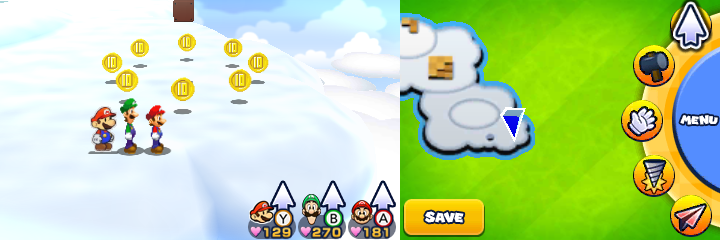 Group near 8 10-Coins in Sunbeam Plains of Mario & Luigi: Paper Jam.