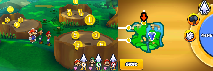 Group near 12 Five Coins and 3 10-Coins in Gloomy Woods of Mario & Luigi: Paper Jam.
