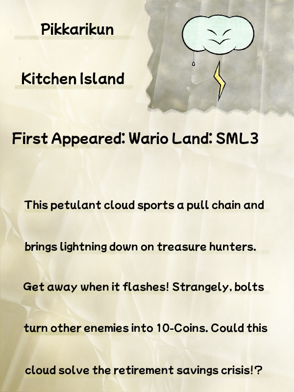 A faded, crinkled journal page titled "Pikkarikun" displays artwork of a Pikkarikun from Wario Land: Super Mario Land 3. Beneath the title is a line reading "Kitchen Island", with an additional line reading "First Appeared: Wario Land: SML3". Beneath this line, the text reads "This petulant cloud sports a pull chain and brings lightning down on treasure hunters. Get away when it flashes! Strangely, bolts turn other enemies into 10-Coins. Could this cloud solve the retirement savings crisis!?"