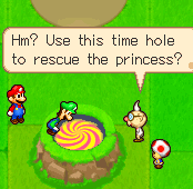 Luigi looking down a time hole.