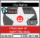 The shelf sprite of one of Ashley's records (City Nights) in the game WarioWare: D.I.Y., as it appears on the top screen.