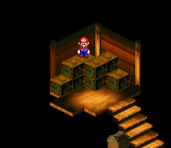 Mario finding a Flower behind crates in the first stair room of Sunken Ship of Super Mario RPG: Legend of the Seven Stars.