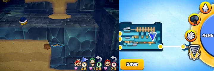 Group near a crack in the drillable wall containing a Defence Bean in Mount Brrr of Mario & Luigi: Paper Jam.