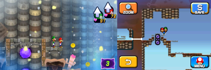 Mario and Luigi near 2 Coins in Dreamy Mount Pajamaja accessed by the Mega Pi'illo named Phil of Mario & Luigi: Dream Team.