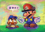 A portrait of both Goombario and Mario.