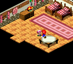 Bellhop giving Mario a beverage as part of the room service in Marrymore of Super Mario RPG: Legend of the Seven Stars.