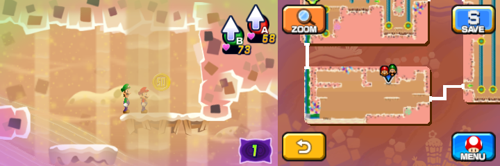 Mario and Luigi near a 50-Coin in Dreamy Dozing Sands accessed by fifth Deco Pi'illo of Mario & Luigi: Dream Team.