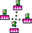 Sprites of four stationary green Shy-Guys on a magenta paddle wheel in Super Mario World 2: Yoshi's Island
