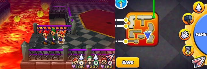 Group near 21 Coins and 3 100-Coins in Bowser's Castle of Mario & Luigi: Paper Jam.