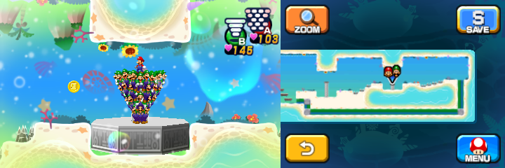 Mario and Luiginoids (in the shape of a cone) near a 50-Coin in Dreamy Driftwood Shore housing Seabelle the Seadring of Mario & Luigi: Dream Team.