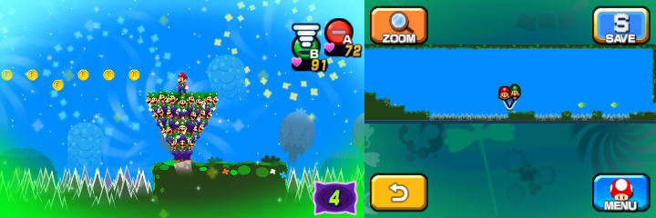 Mario and Luiginoids in the shape of the cone near 17 Coins (with six visible) in Dreamy Mushrise Park accessed by a second Pink Pi'illo of Mario & Luigi: Dream Team.