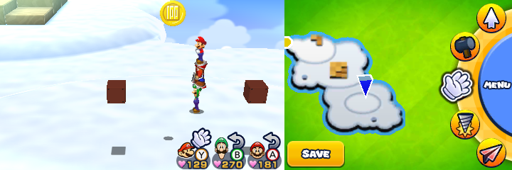 Group near a 100-Coin in Sunbeam Plains of Mario & Luigi: Paper Jam.