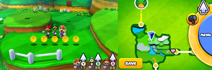 Group near 5 Coins in Sunbeam Plains of Mario & Luigi: Paper Jam.