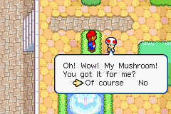 Mario is asked to give a Toad his Mushroom back.