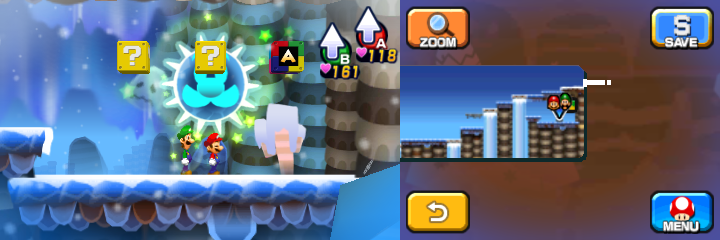 Sixth, seventh and eighth blocks in Dreamy Mount Pajamaja accessed by a Dreampoint found at the very peak of the mountain of Mario & Luigi: Dream Team.