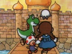Yoshi, Toad, Mario and Kirby heading for Crab's castle in Wonderland.