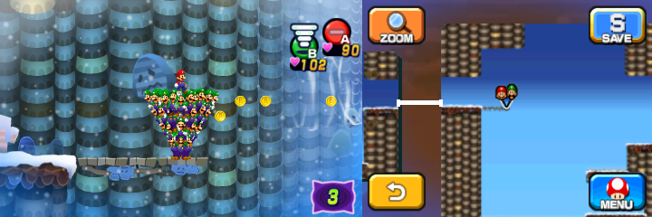 Mario and Luiginoids (in the shape of a cone) near 16 Coins (with 4 visible) in Dreamy Mount Pajamaja accessed by the Mega Pi'illo named Shawn of Mario & Luigi: Dream Team.