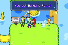 Mario and Luigi getting the Harhall's Pants from Harhall in Beanbean Outskirts of Mario & Luigi: Superstar Saga.