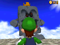 Luigi looking at the Whomp King from Whomp's Fortress.