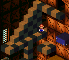 Mario finding a Frog Coin in the crevice in the room after being lauched from a seesaw by a Thwomp in the Booster Tower of Super Mario RPG: Legend of the Seven Stars.