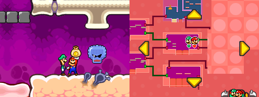 Mario and Luigi getting a coin bag containing 100 Coins from a Nutsoglobin in Flab Zone of Mario & Luigi: Bowser's Inside Story.