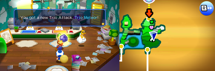 Mario getting the Trio Meteor Trio Attack from the Delivery Toad in Gloomy Woods of Mario & Luigi: Paper Jam.