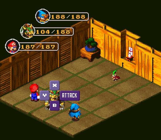 Bowser using Spiked Link on Jinx in Super Mario RPG: Legend of the Seven Stars
