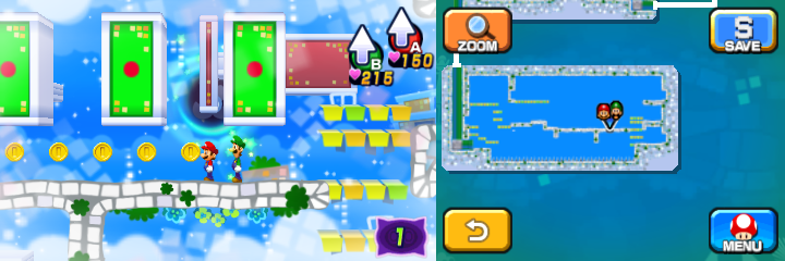 Mario and Luigi near 7 Coins (with 5 visible) in Dreamy Wakeport accessed by the Bedsmith Pi'illo/Pi'iloper's Dreampoint of Mario & Luigi: Dream Team.