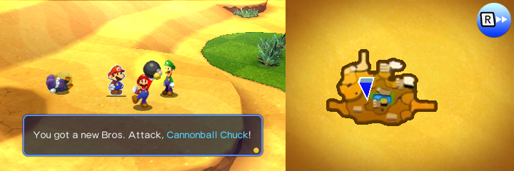 Mario getting the Cannonball Chuck Bros. Attack from Nabbit in Nabbit Multiplication mission of Mario & Luigi: Paper Jam.