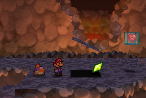 Mario finding a Star Piece near the heart block in Mt. Lavalava in Paper Mario