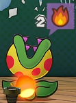 A Putrid Piranha under the effect of the Burn status, as seen in Paper Mario: The Thousand-Year Door (Nintendo Switch).
