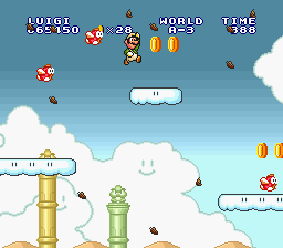 Luigi avoiding numerous Flying Cheep-Cheeps and the heavy wind and collecting coins in World A-3