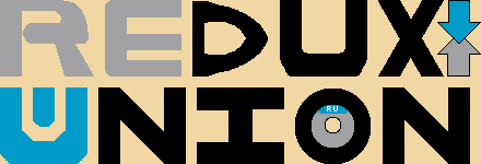 A mostly black logo on a beige background reads Redux Union. The "Re" is in grey, mimicking the Nintendo Wii logo. The first "U" in "Union" is the negative space in a blue box, mimicking the Wii U logo. The hole of the "o" resembles a Wii U game disc. Next to the "x", a blue arrow pointing up partially overlays a grey arrow pointing down.