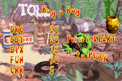Bag a Bug's menu, from the "Bonus Games" option from the main menu  of Donkey Kong Country 2 for the Game Boy Advance.