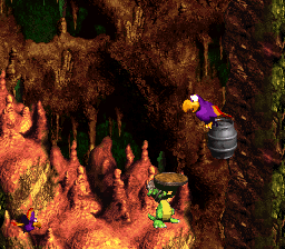 Donkey Kong Country 3: Dixie Kong's Double Trouble!: Quawks carrying the Steel Barrel to Koin in Buzzer Barrage