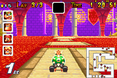 Bowser racing at Bowser Castle 2 in Mario Kart: Super Circuit.