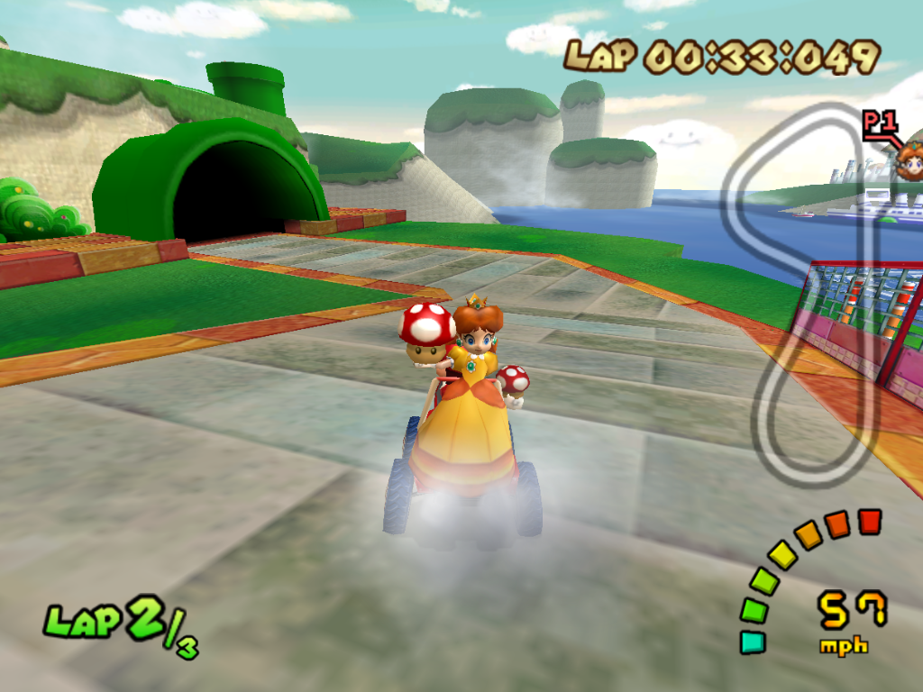 An extra passage near the starting line, and Mushroom City can be seen near the pipe